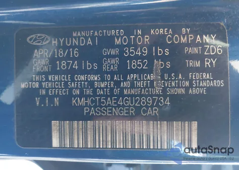 2016 Hyundai Accent Se from USA, damaged, VIN KMHCT5AE4GU289734